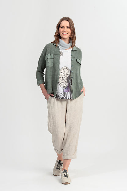Front Pocket Sage Linen Cardigan 1