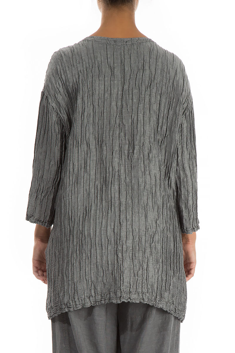 Front Pockets Crinkled Silver Silk Linen Tunic