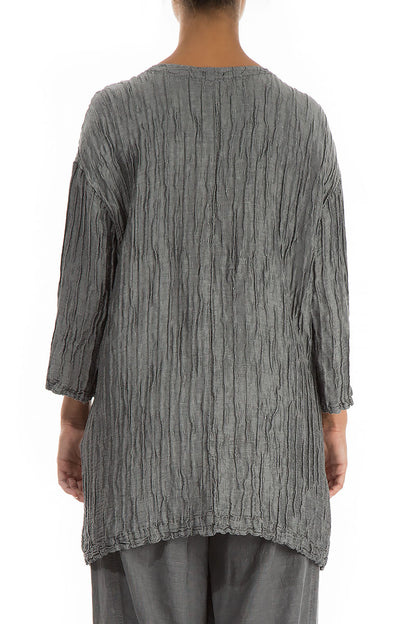 Front Pockets Crinkled Silver Silk Linen Tunic