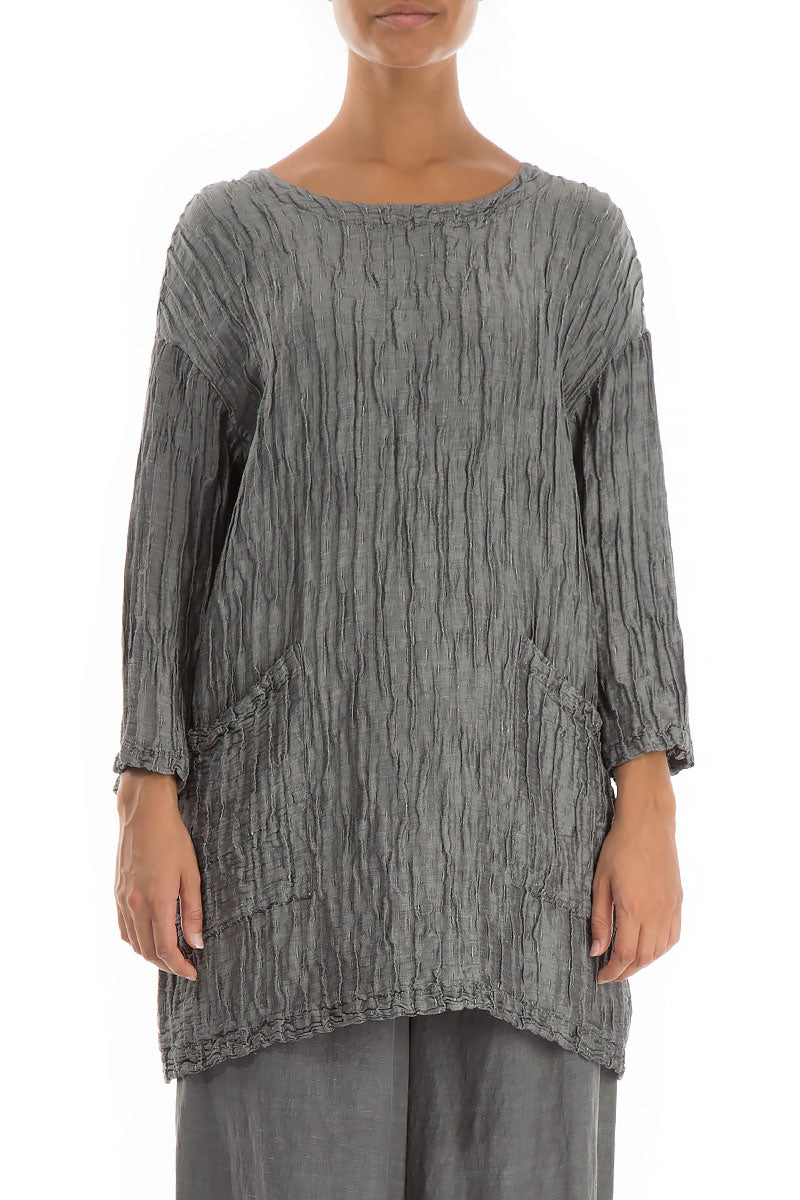 Front Pockets Crinkled Silver Silk Linen Tunic