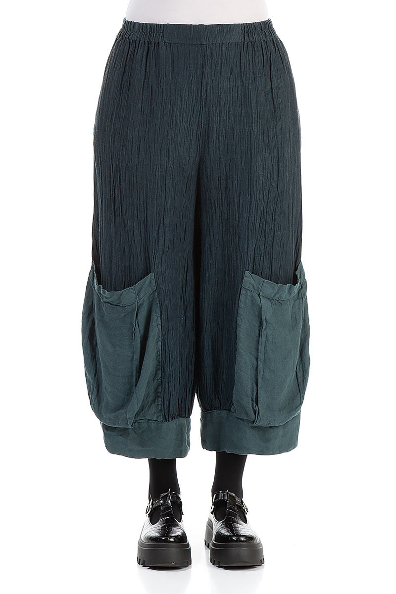 Front Pockets Crinkled Teal Silk Trousers
