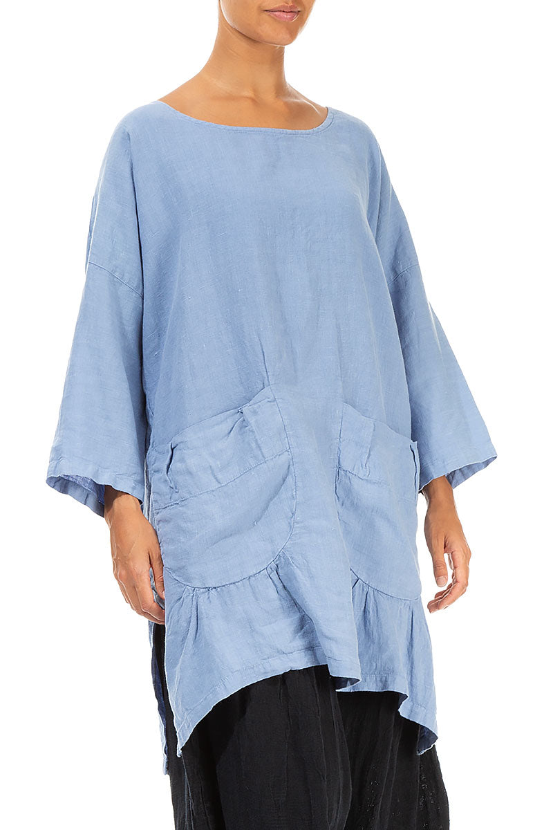 Front Pockets Light Blue Linen Tunic