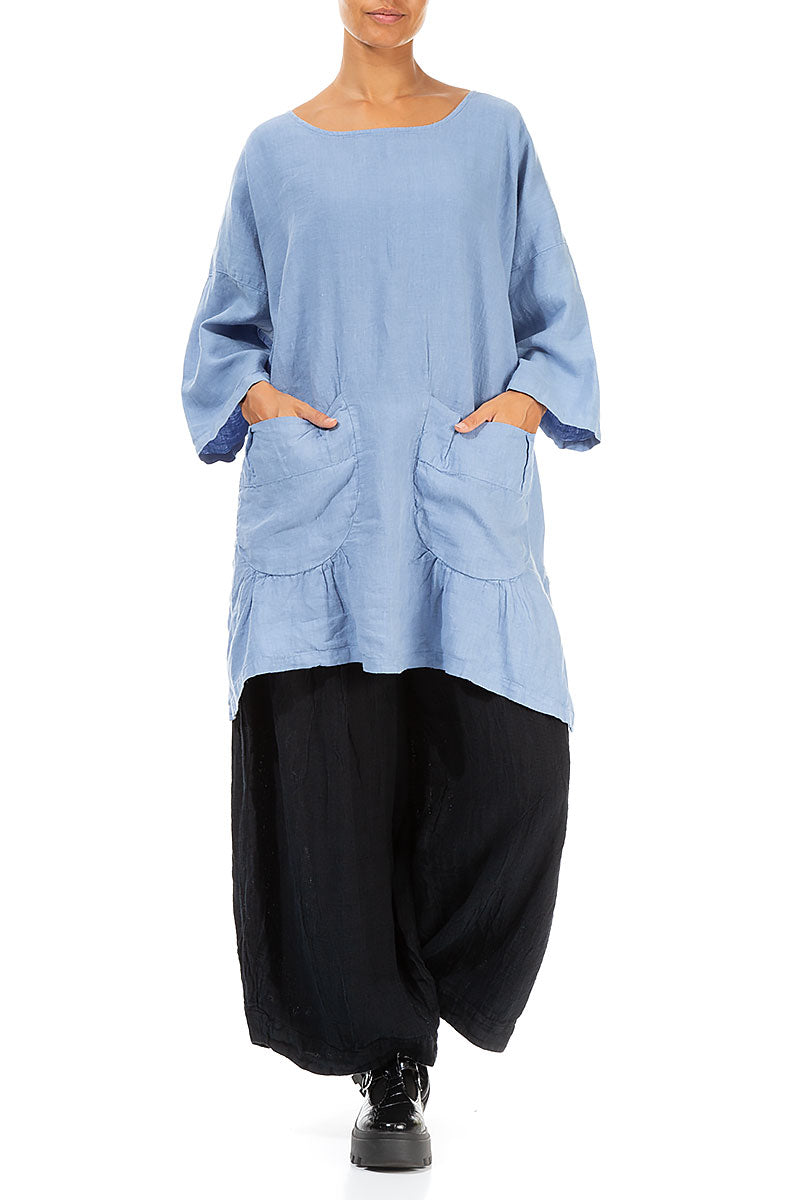 Front Pockets Light Blue Linen Tunic