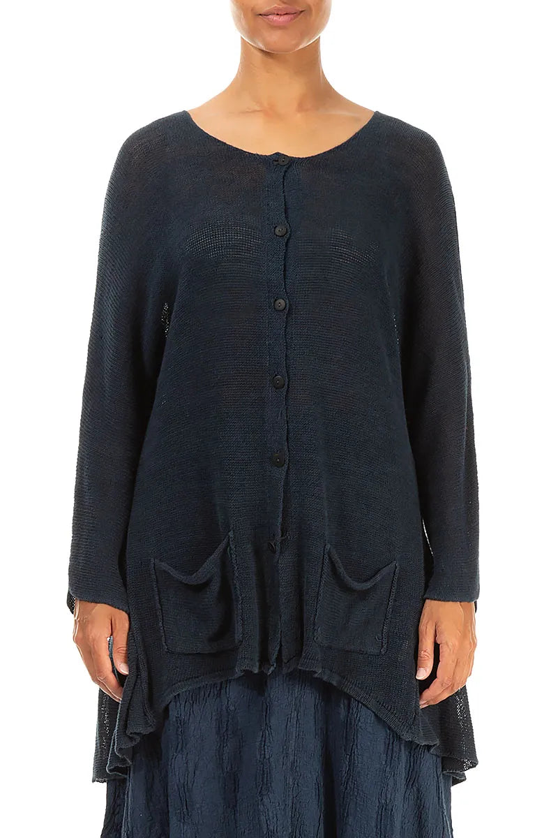 Cardigan aus marineblauem Leinen mit Vordertaschen