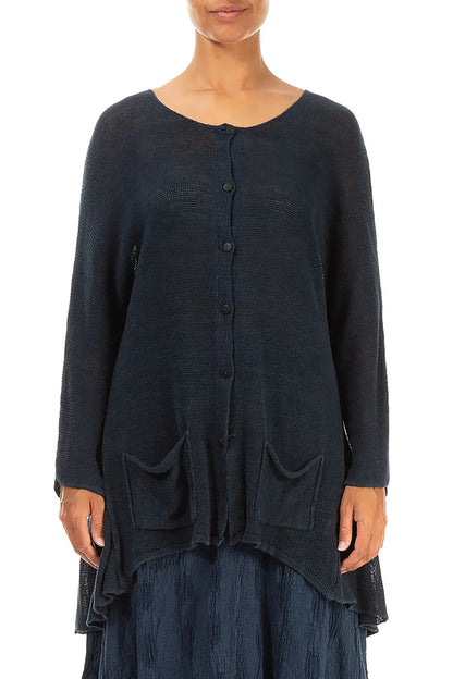 Cardigan aus marineblauem Leinen mit Vordertaschen