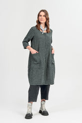 Front Pockets Sage Check Linen Dress 6