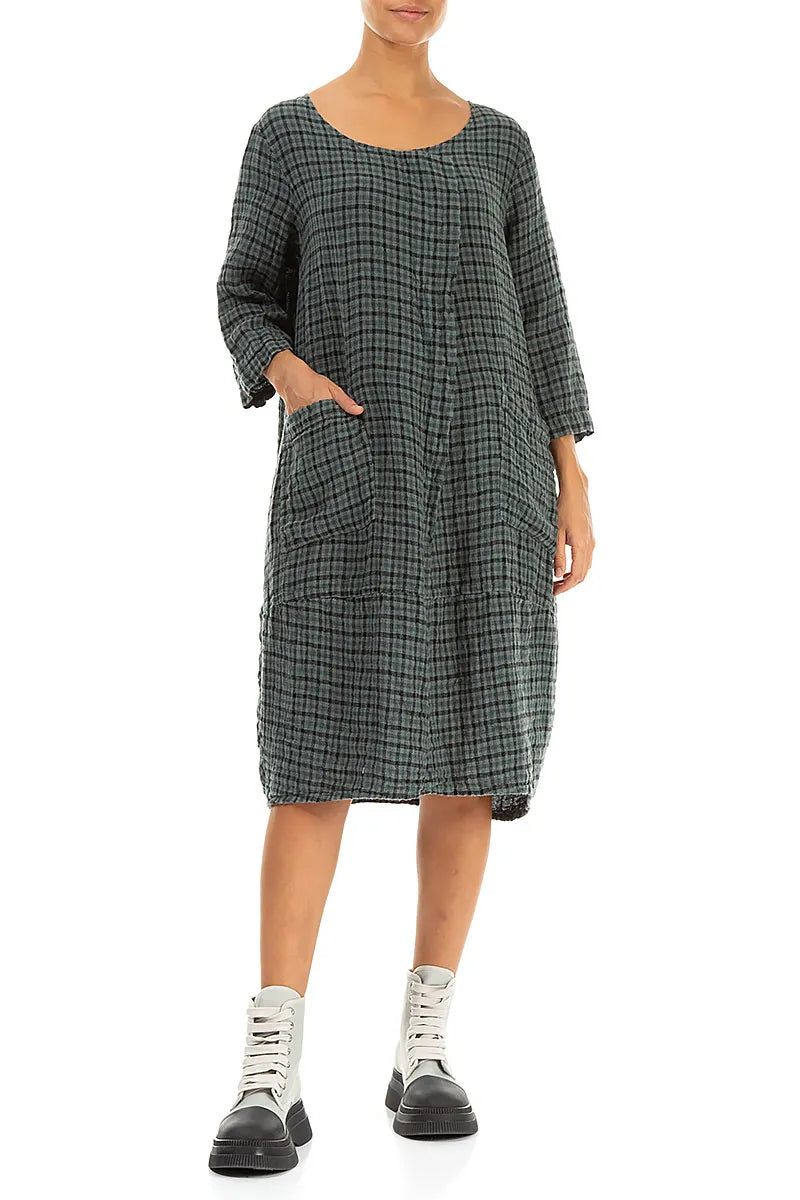 Front Pockets Sage Check Linen Dress 3
