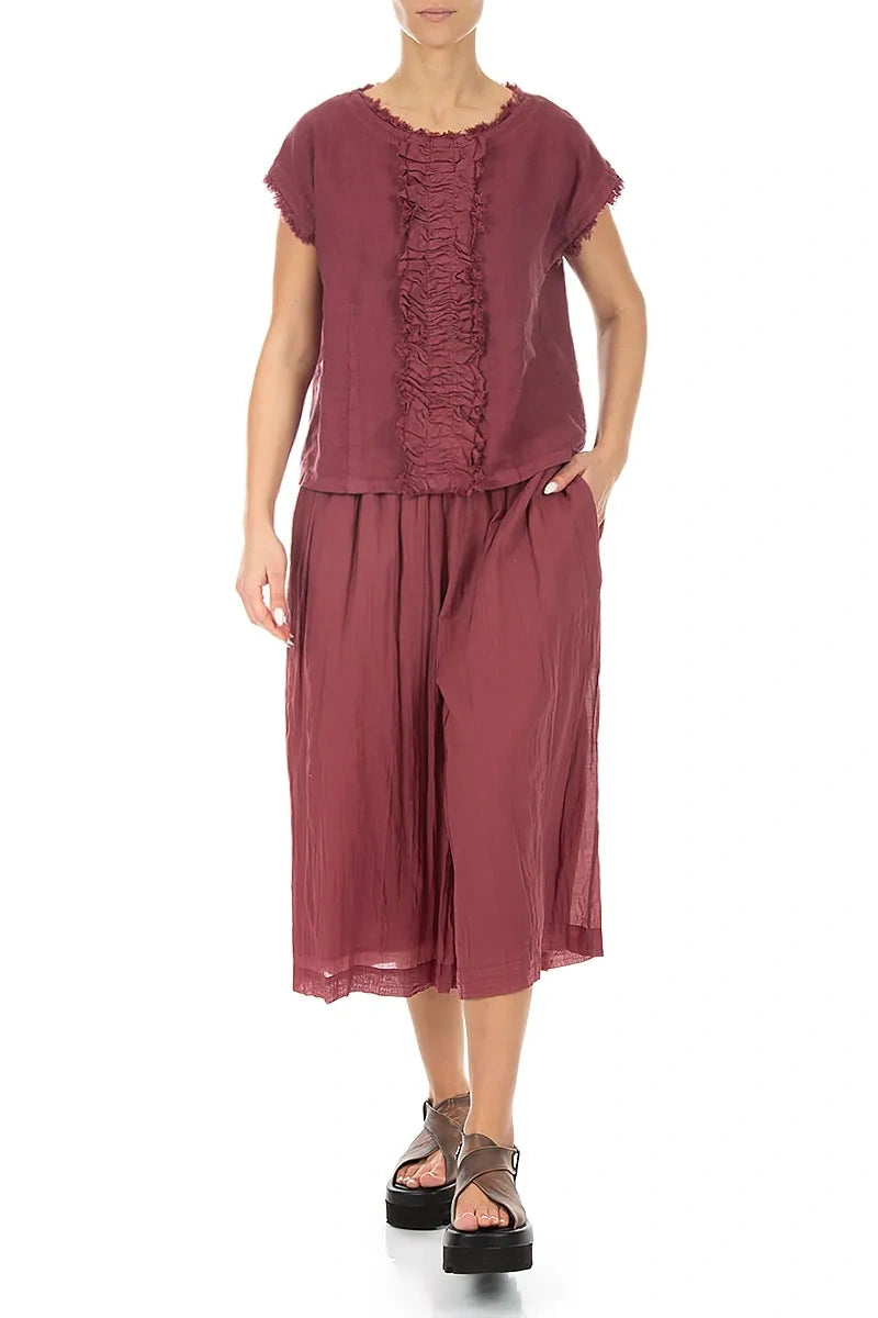 Front Ruffle Antique Ruby Linen Blouse 4