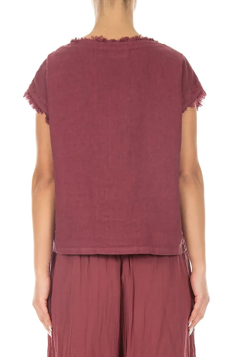 Bluse aus antikrotem Leinen mit vorderer Rüsche