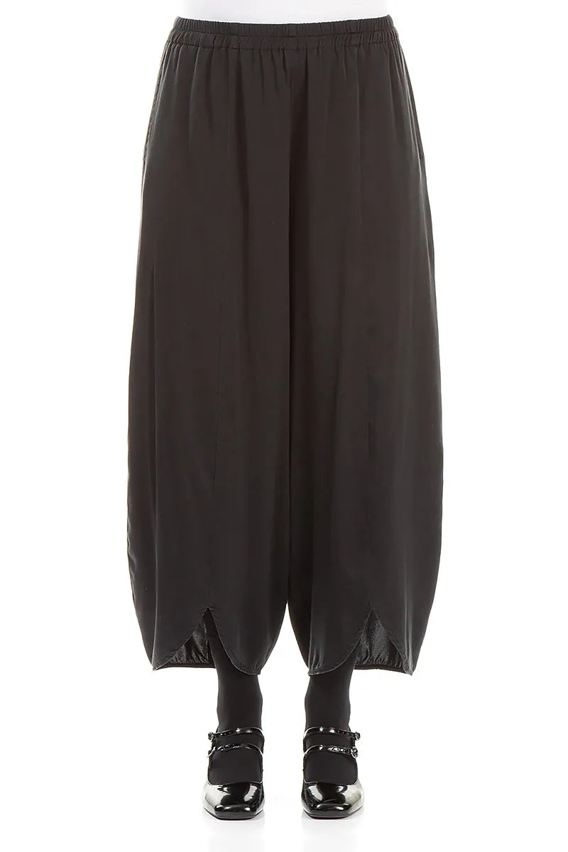 Front Slit Hem Black Silk Trousers 1