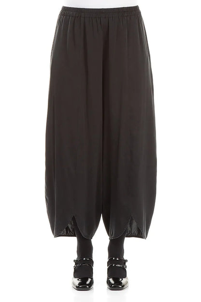Front Slit Hem Black Silk Trousers 1