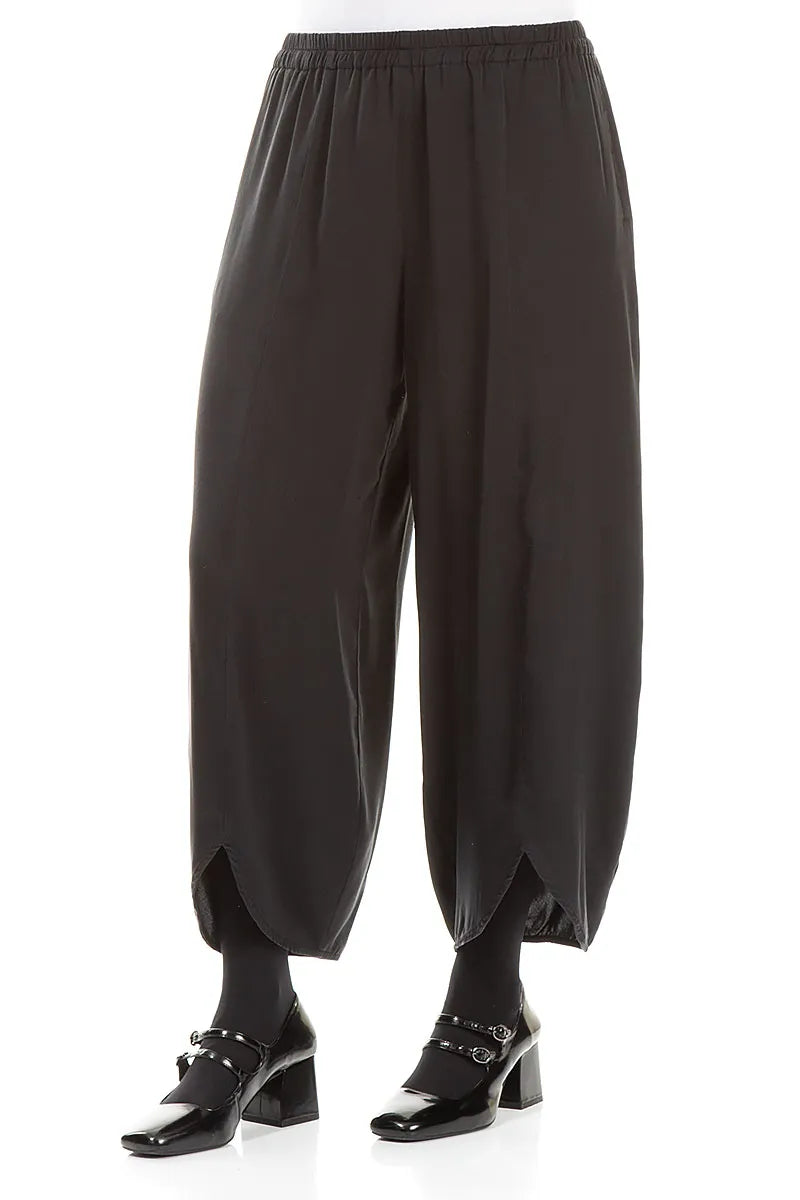 Front Slit Hem Black Silk Trousers 3