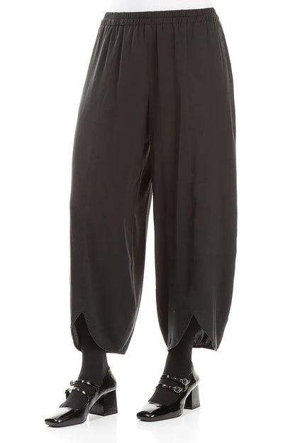 Front Slit Hem Black Silk Trousers 3