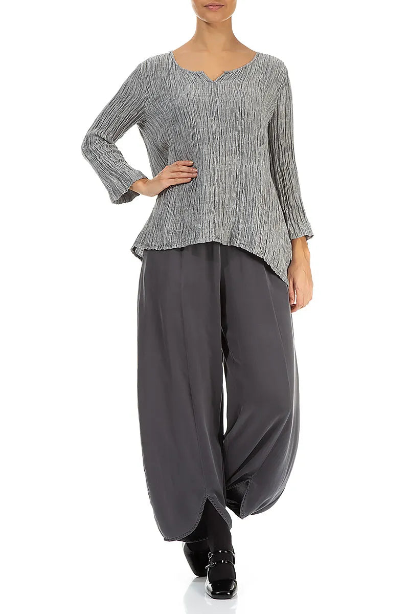 Front Slit Hem Grey Silver Silk Trousers 4