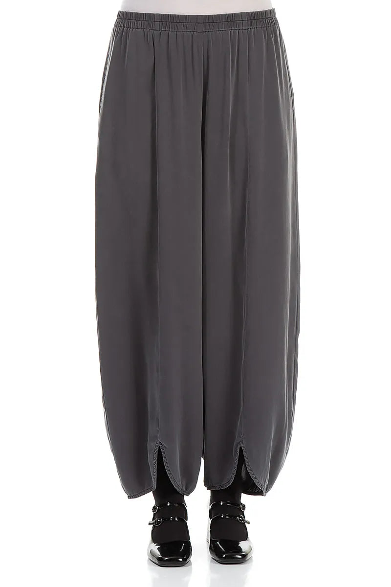 Front Slit Hem Grey Silver Silk Trousers 1
