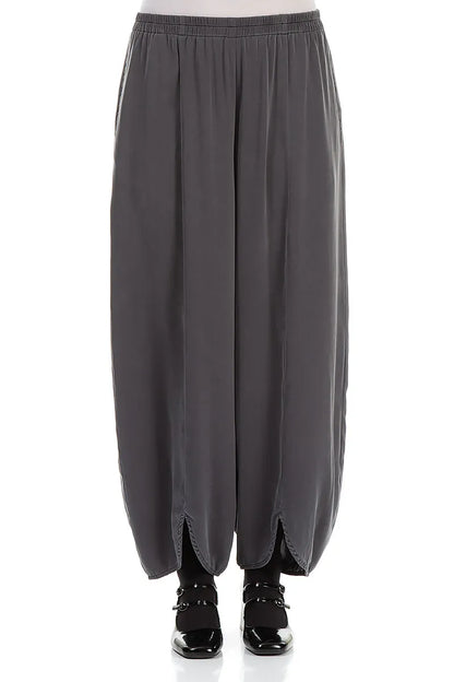Front Slit Hem Grey Silver Silk Trousers 1