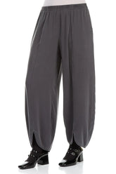 Front Slit Hem Grey Silver Silk Trousers 3