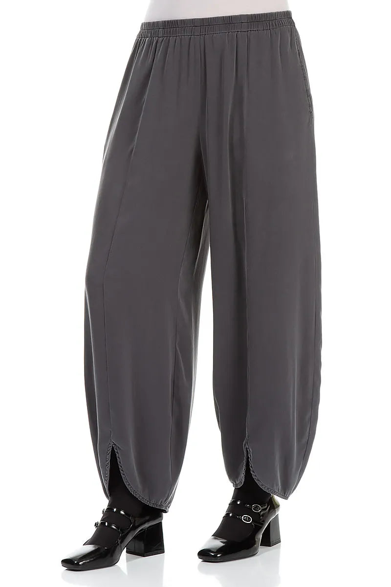 Front Slit Hem Grey Silver Silk Trousers 3