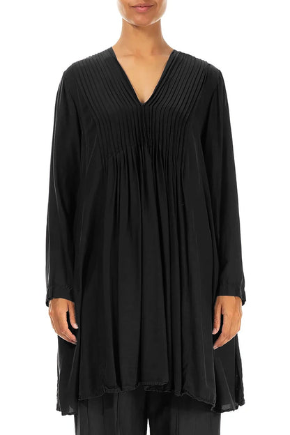 Front Tucks Black Silk Bamboo Tunic 1