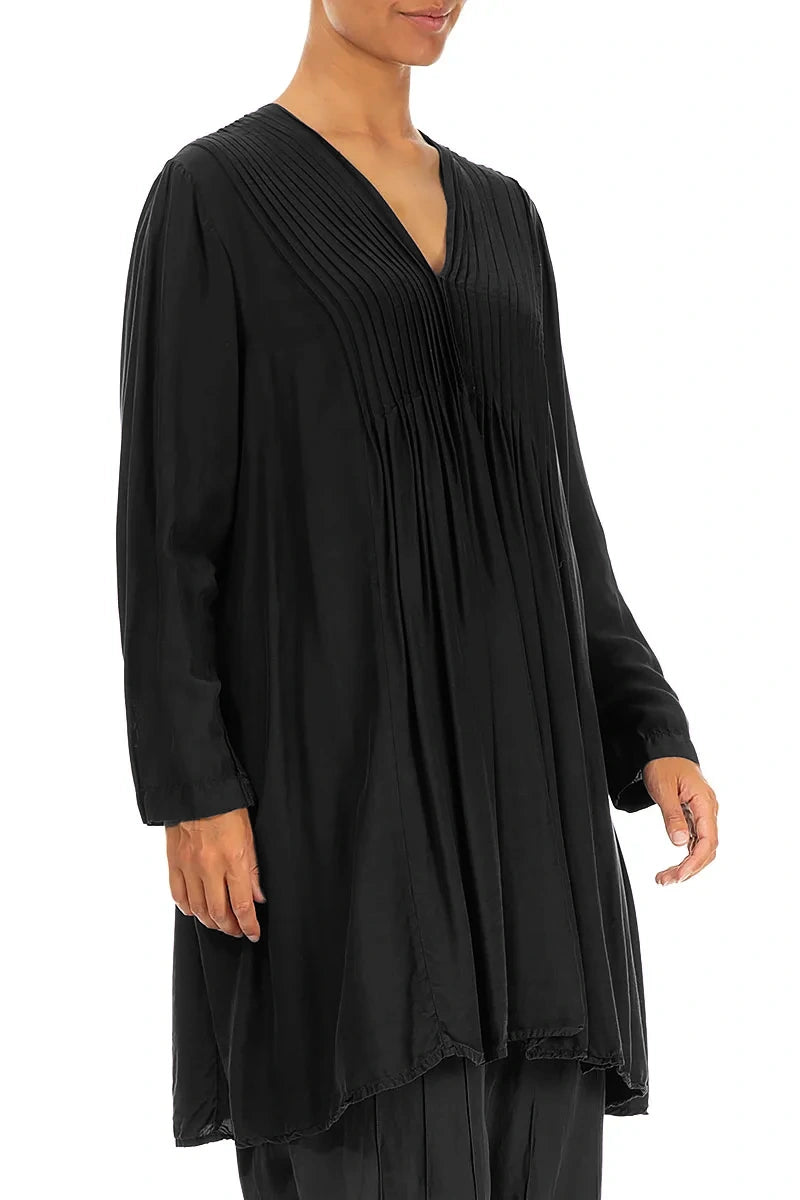 Front Tucks Black Silk Bamboo Tunic 3