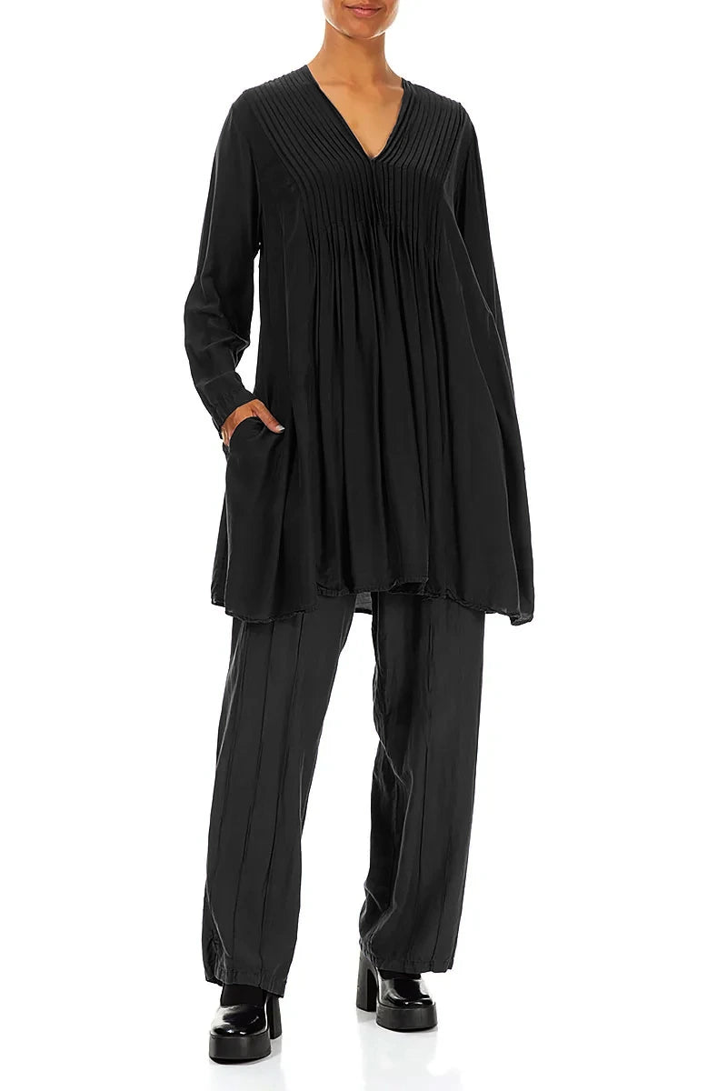 Front Tucks Black Silk Bamboo Tunic 4