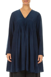 Front Tucks Navy Silk Bamboo Tunic 1