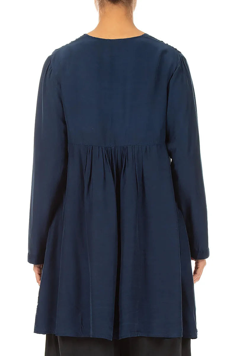 Front Tucks Navy Silk Bamboo Tunic 2
