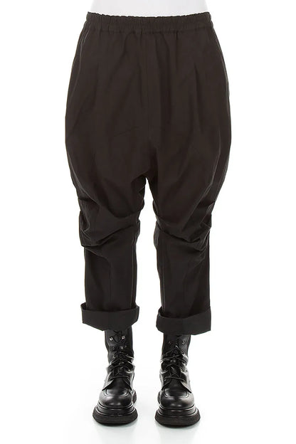 Gathered Knee Black Cotton Twill Trousers