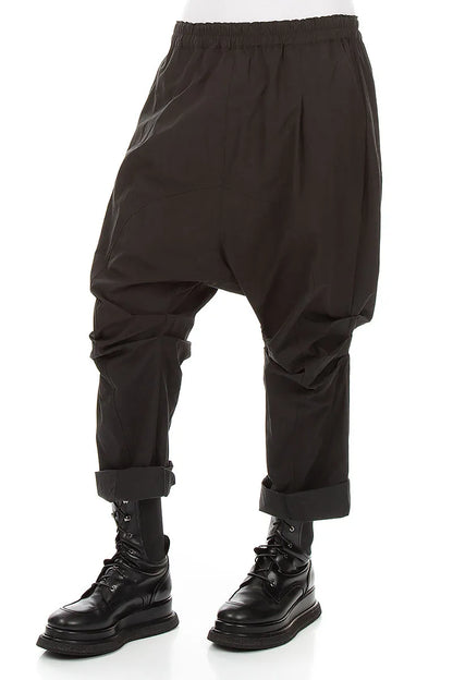 Gathered Knee Black Cotton Twill Trousers