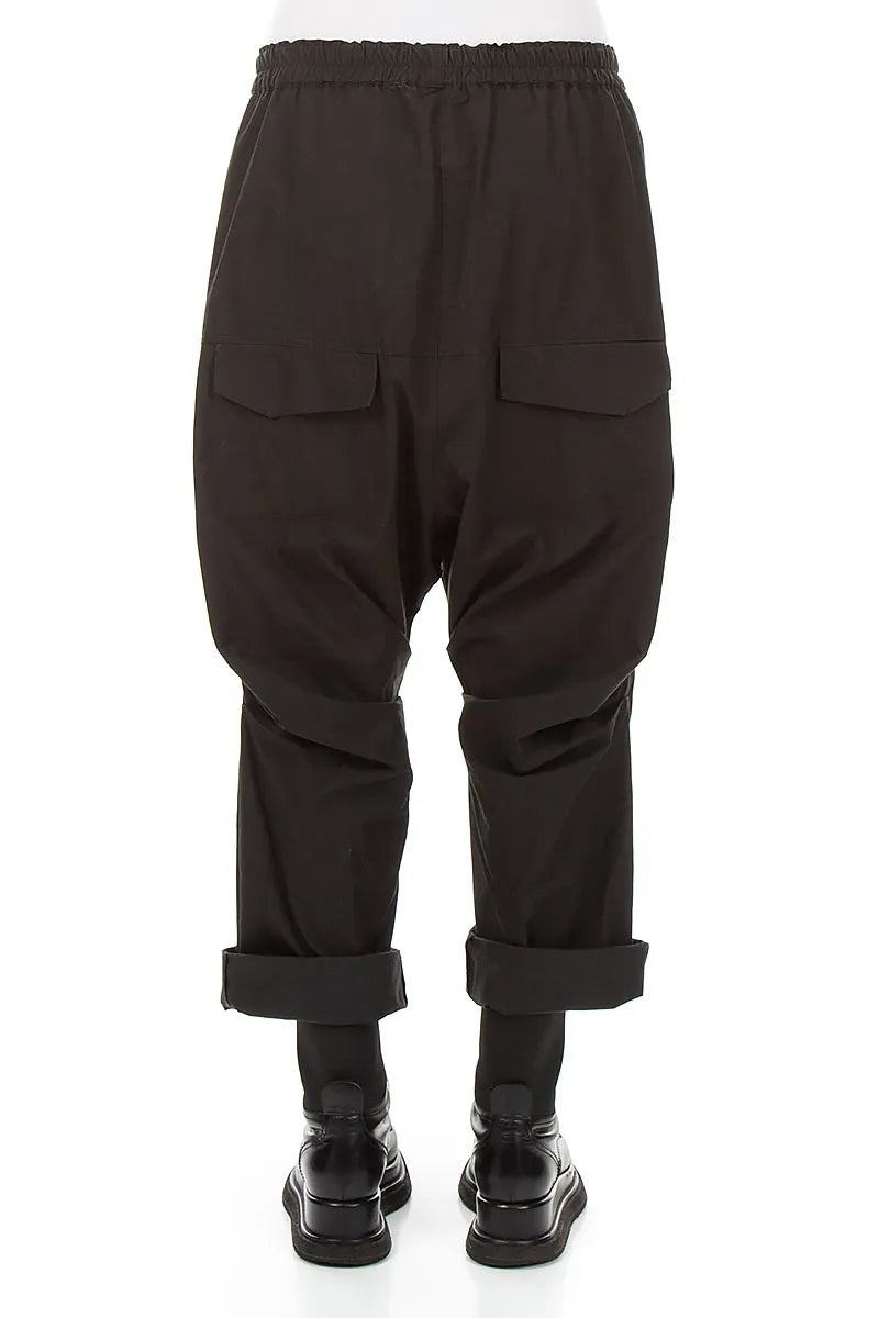 Gathered Knee Black Cotton Twill Trousers