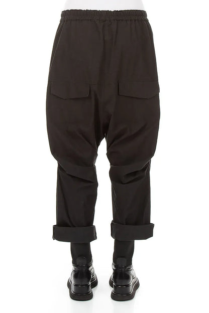 Gathered Knee Black Cotton Twill Trousers