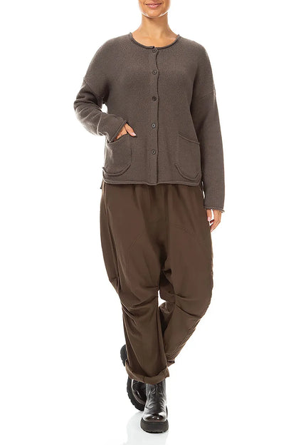 Gathered Knee Truffle Brown Silk Cotton Trousers 4