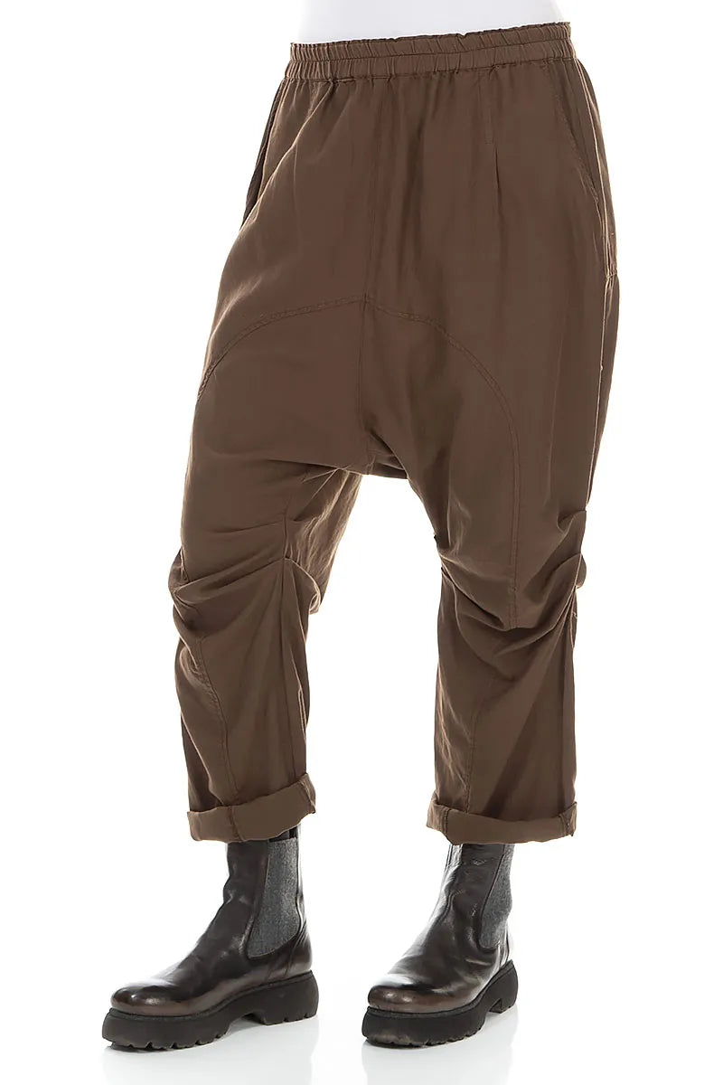 Gathered Knee Truffle Brown Silk Cotton Trousers 3
