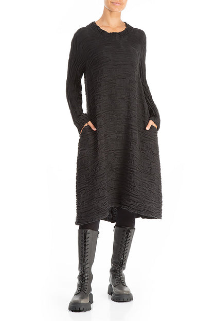 Gathered Neck Black Circle Silk Linen Dress