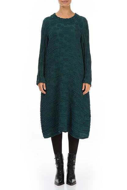 Gathered Neck Emerald Circle Silk Linen Dress