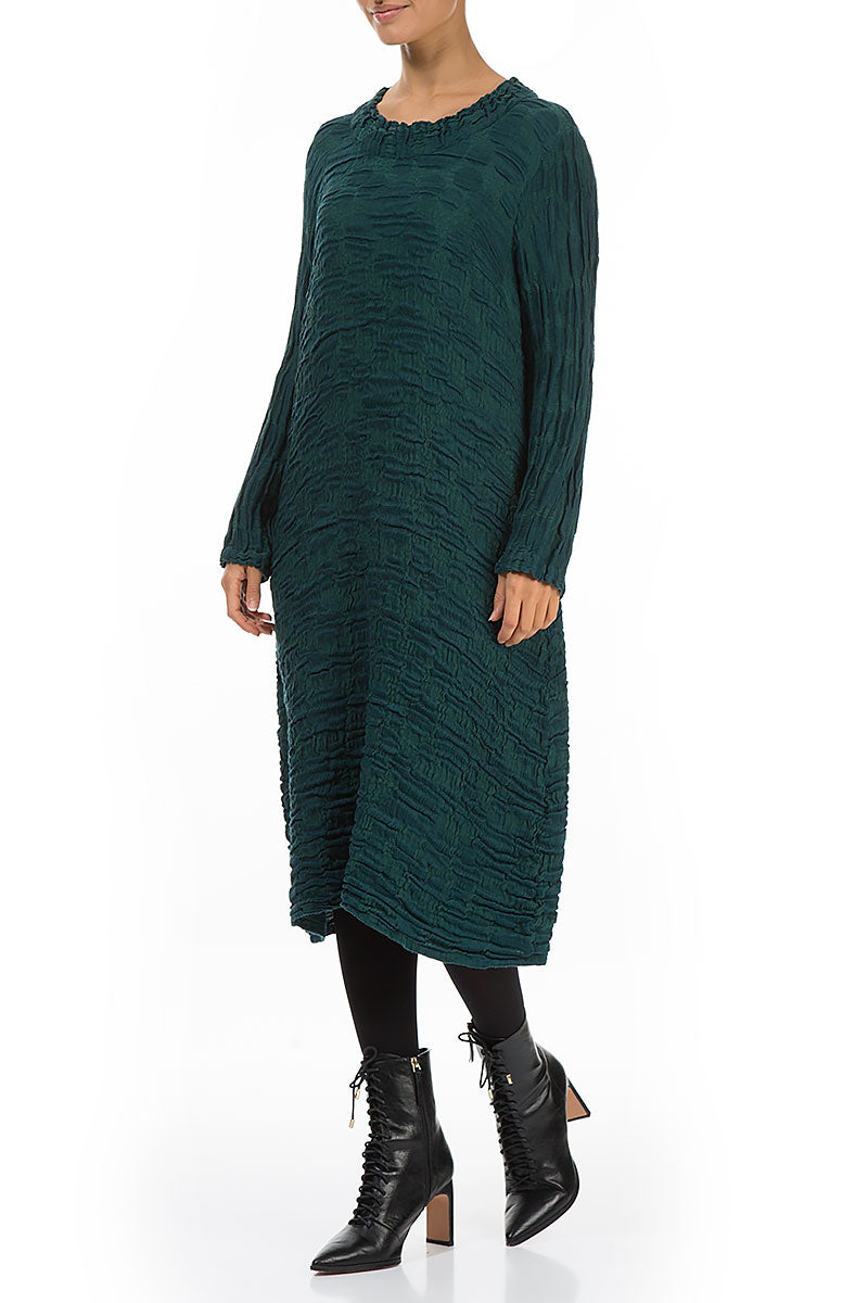 Gathered Neck Emerald Circle Silk Linen Dress