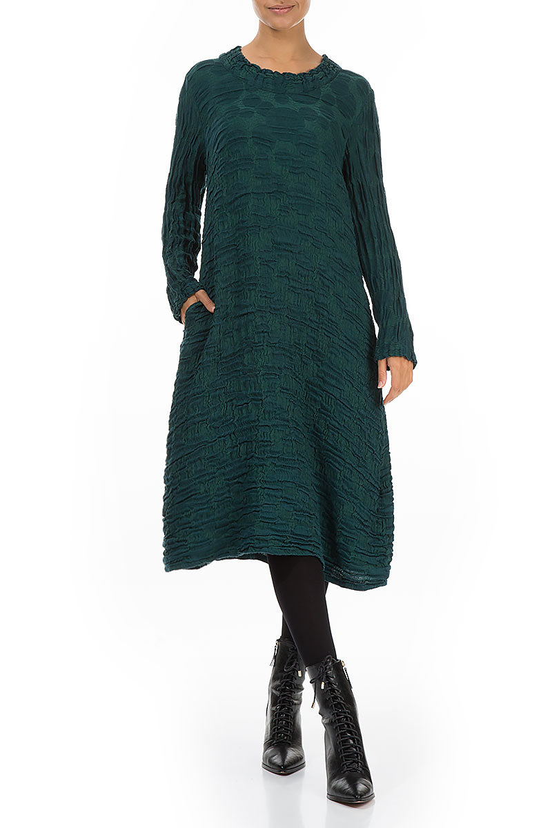 Gathered Neck Emerald Circle Silk Linen Dress