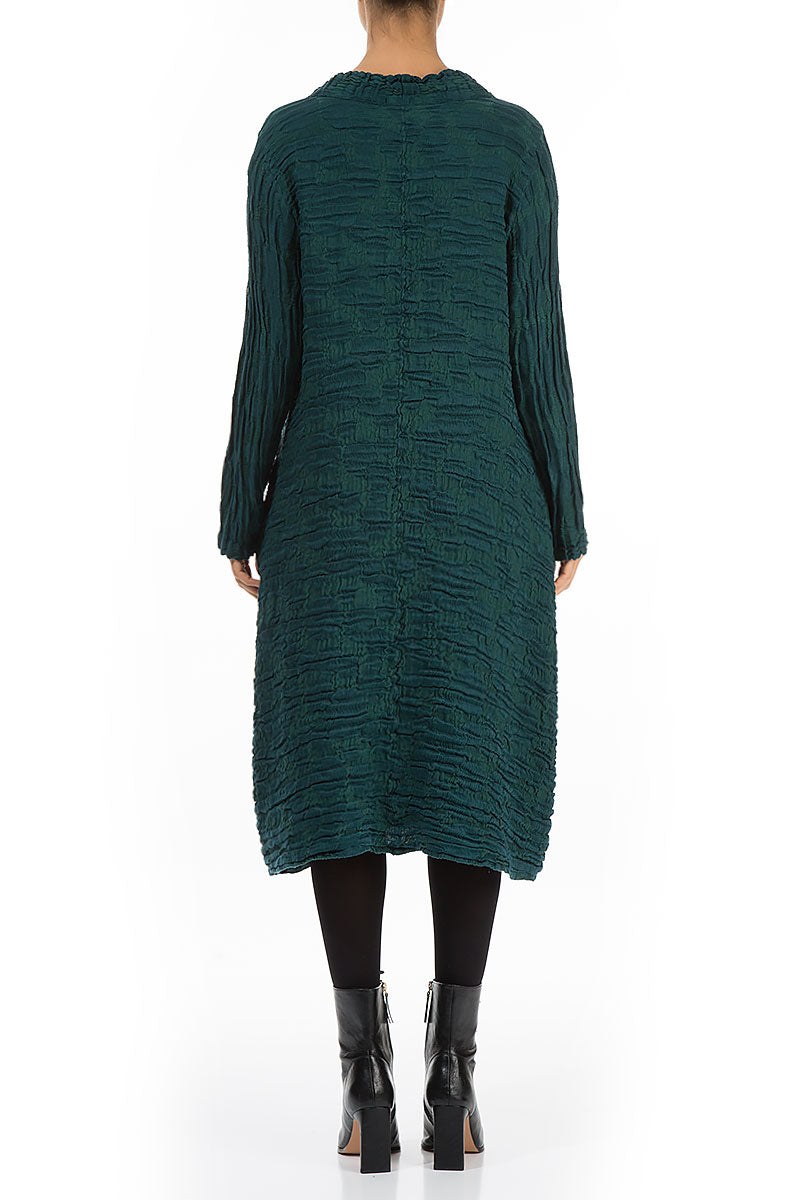 Gathered Neck Emerald Circle Silk Linen Dress