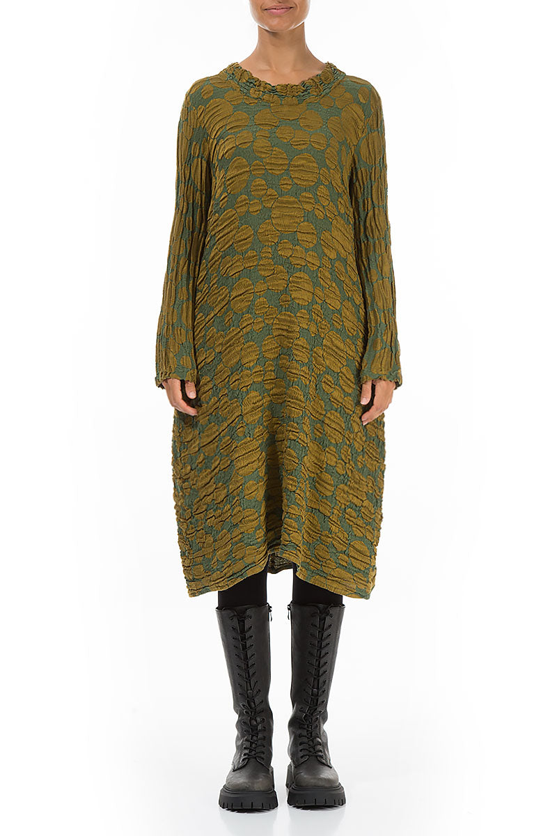 Gathered Neck Golden Olive Circle Silk Linen Dress