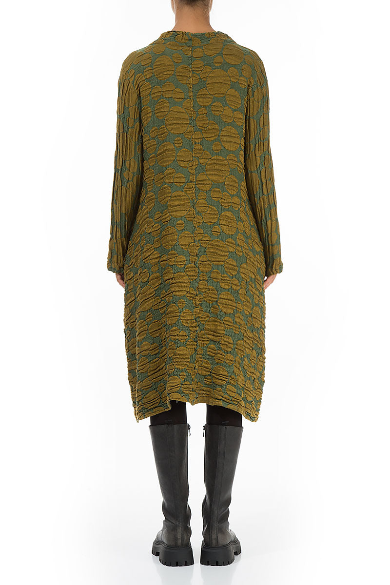 Gathered Neck Golden Olive Circle Silk Linen Dress