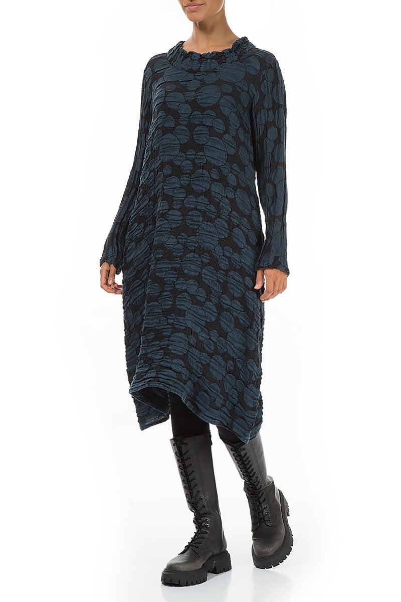 Gathered Neck Midnight Blue Circle Silk Linen Dress