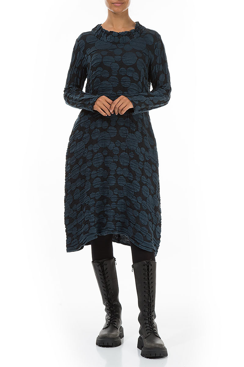 Gathered Neck Midnight Blue Circle Silk Linen Dress