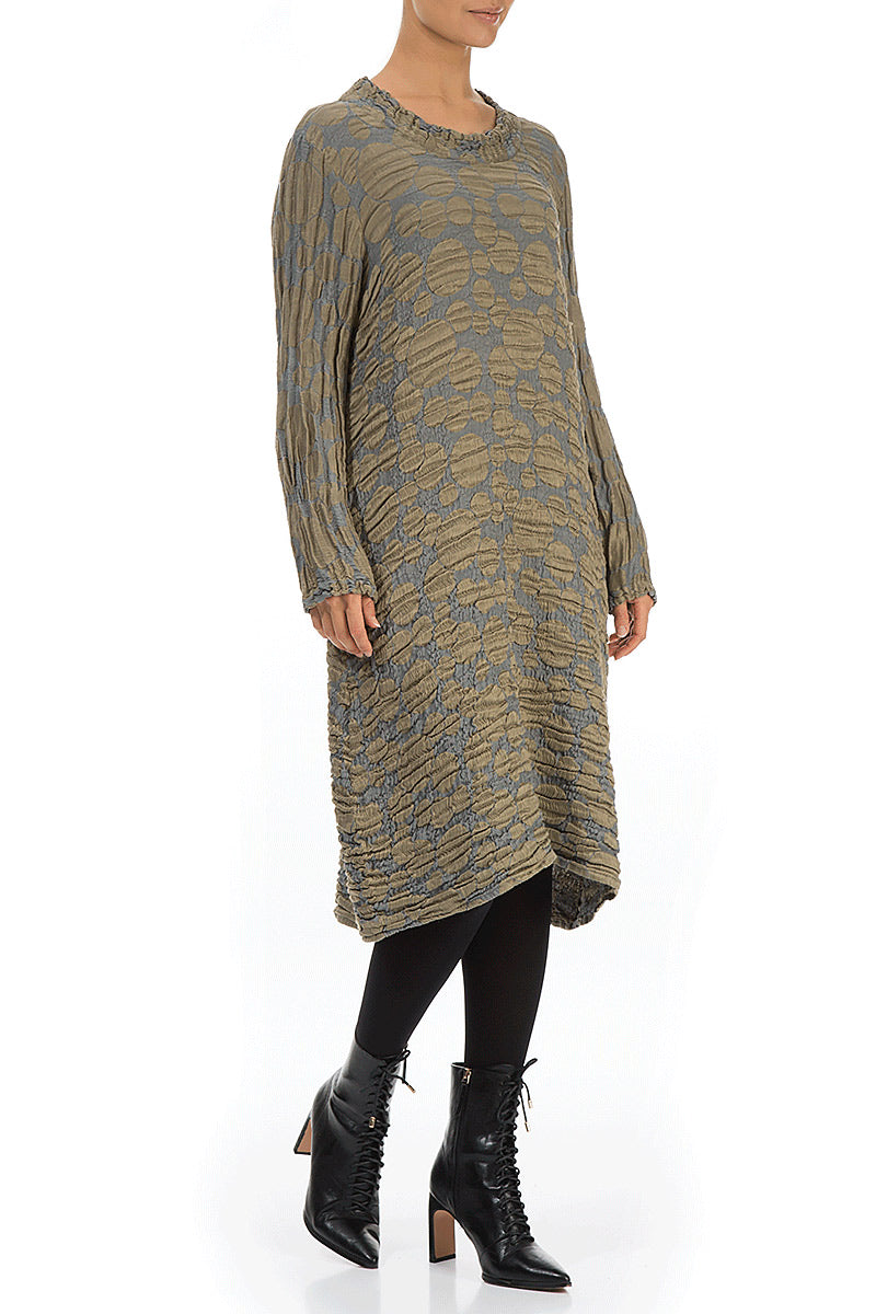 Gathered Neck Silver Sage Circle Silk Linen Dress