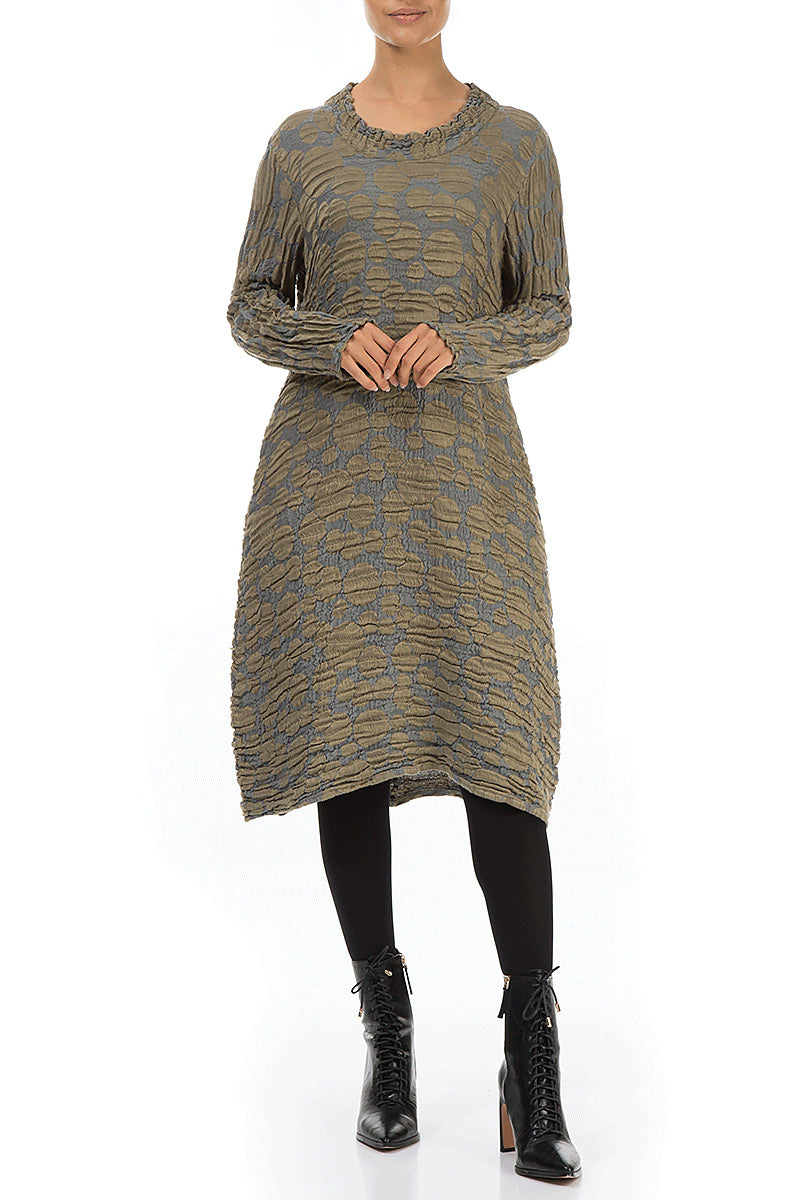 Gathered Neck Silver Sage Circle Silk Linen Dress