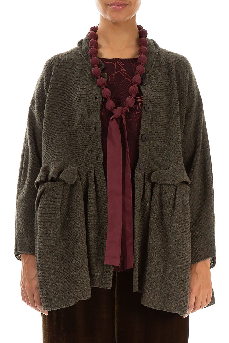 Gathered Pockets Khaki Wool Cardigan