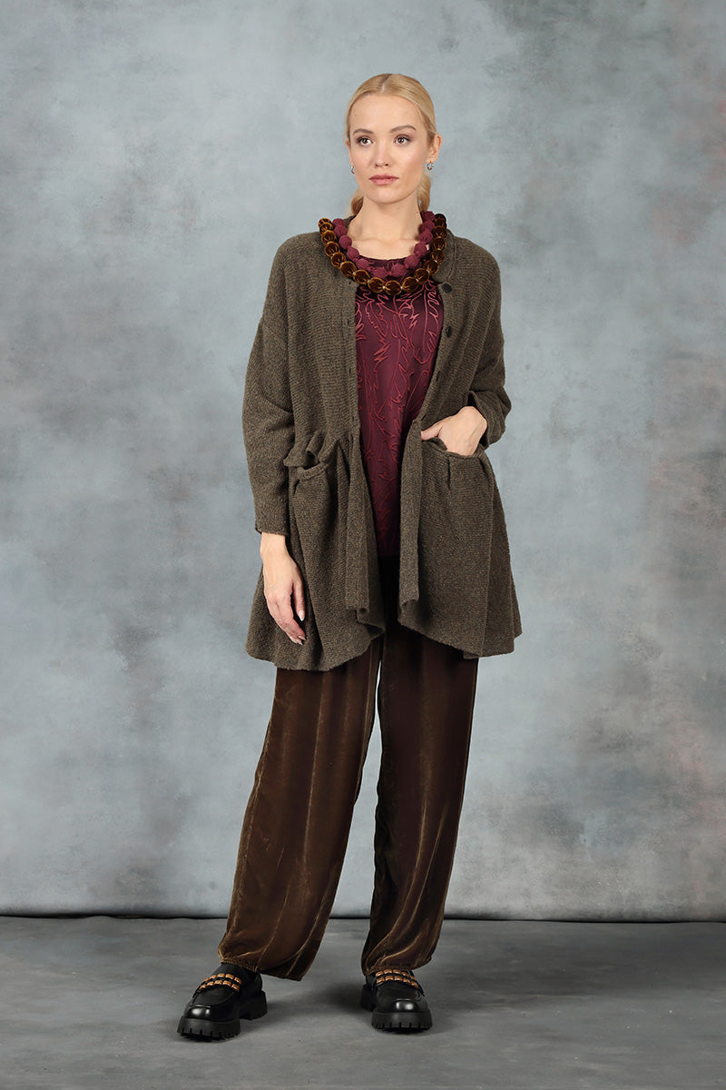 Gathered Pockets Khaki Wool Cardigan