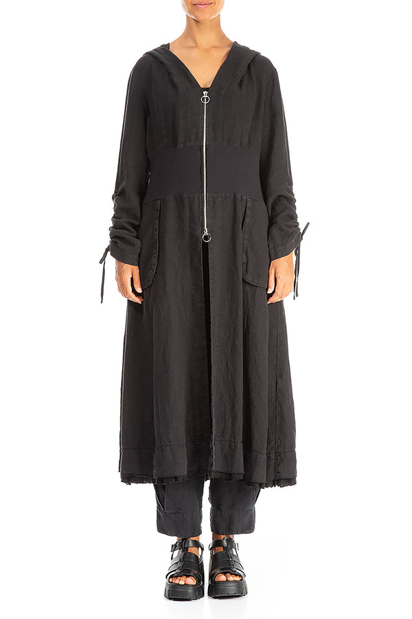 Hooded Gathered Sleeves Black Linen Jacket 1