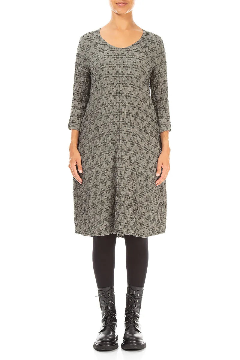 Geometric Texture Olive Grey Linen Dress