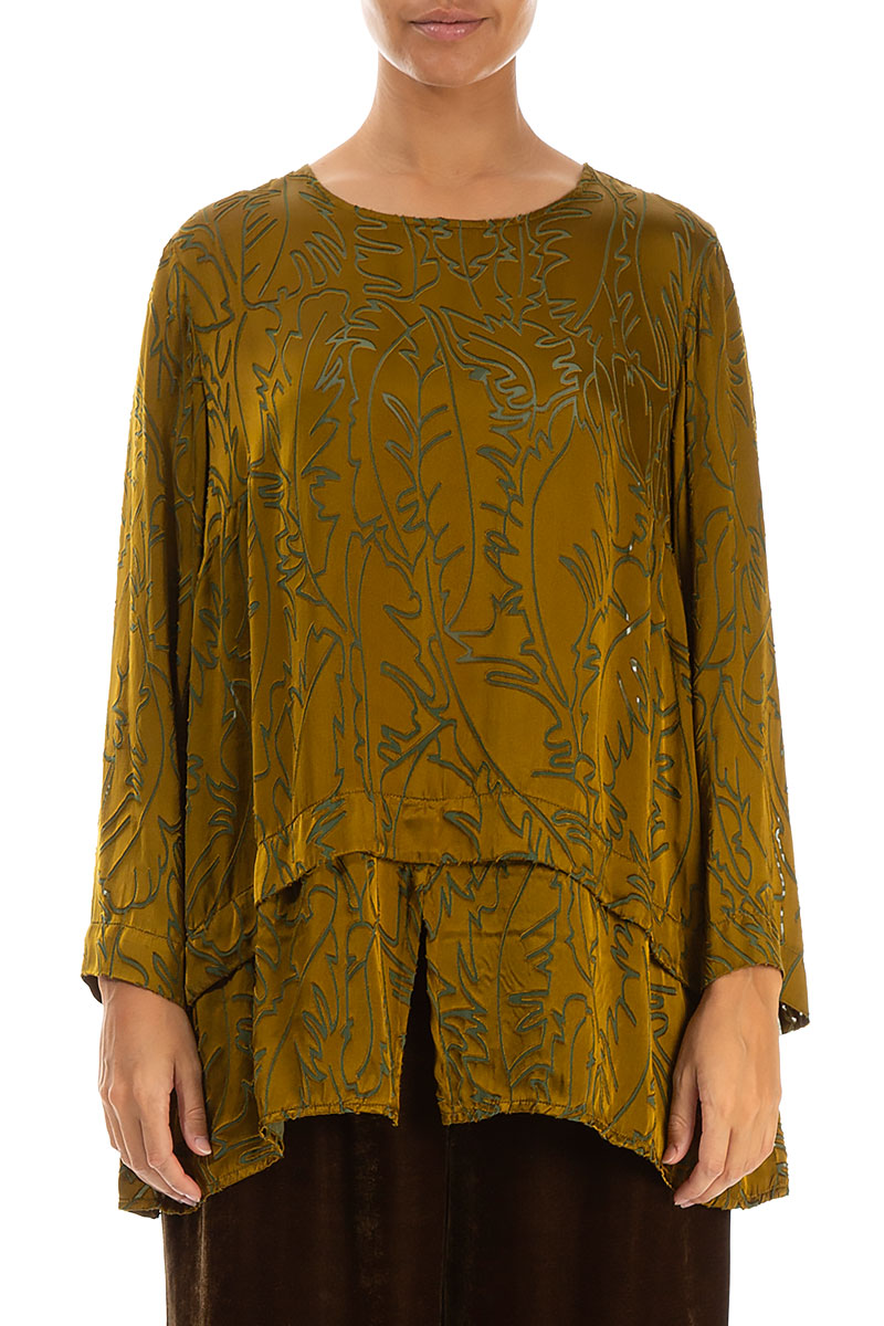 Golden Olive Devoré Feather Silk Blouse