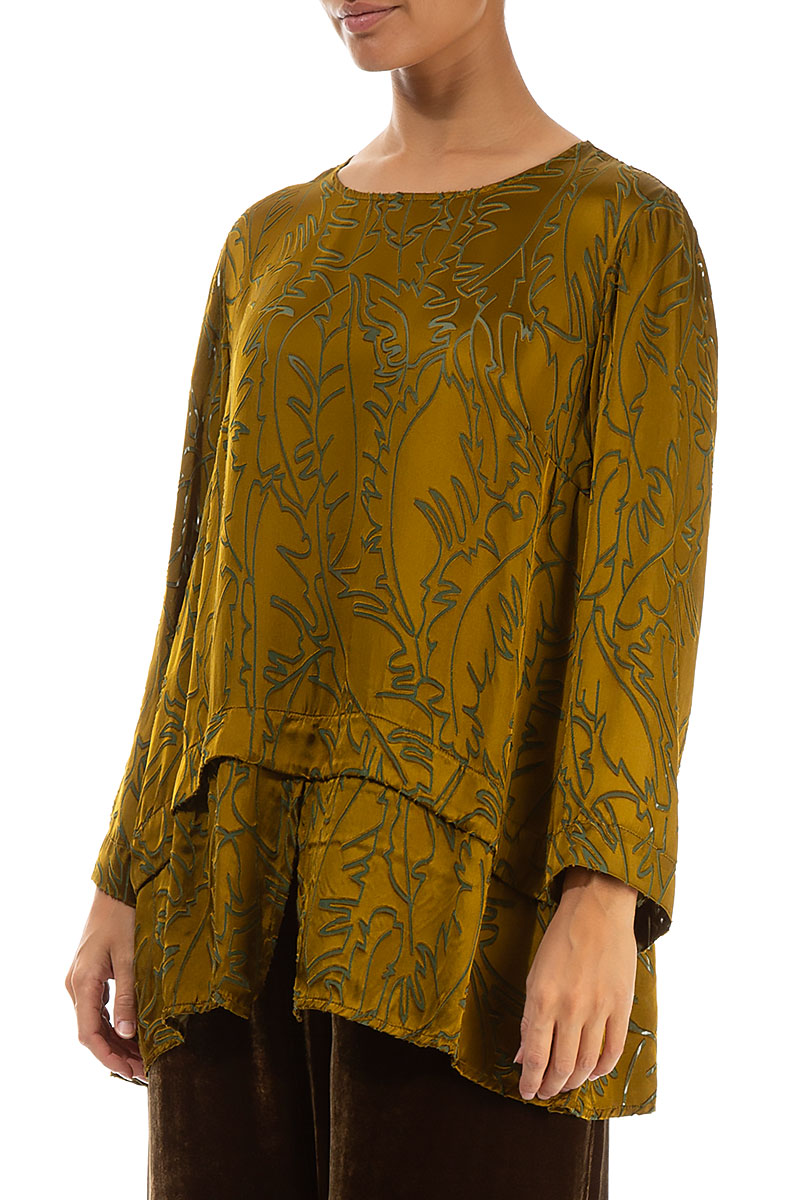 Golden Olive Devoré Feather Silk Blouse